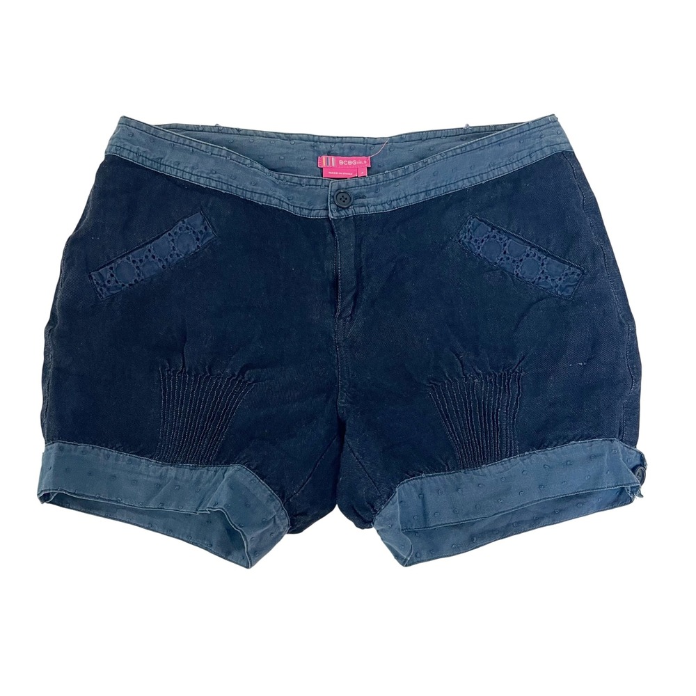 BCBGirls Vintage‎ Y2K Navy Blue Linen Blend Eyelet Pintuck Shorts Boho Size 4